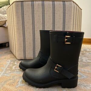 Black Buckle Ankle Moto Style Rain Boots